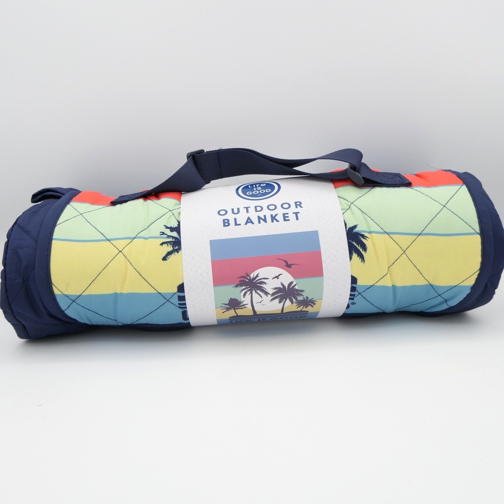 Life Is Good Outdoor Blanket Blue Palm Trees 70" x 50" Carry Strap, Ripstop
